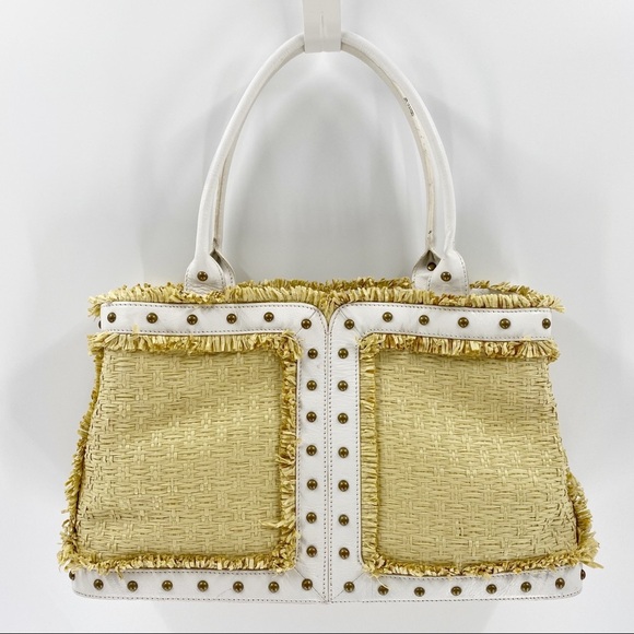 BCBGIRLS White Vegan Leather Straw Studded Tote - Picture 2 of 14